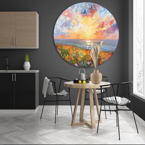 Abstracte zonsondergang met bloemen en oceaan aluminium muurcirkel