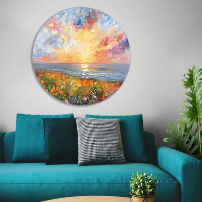 Abstracte zonsondergang met bloemen en oceaan forex muurcirkel
