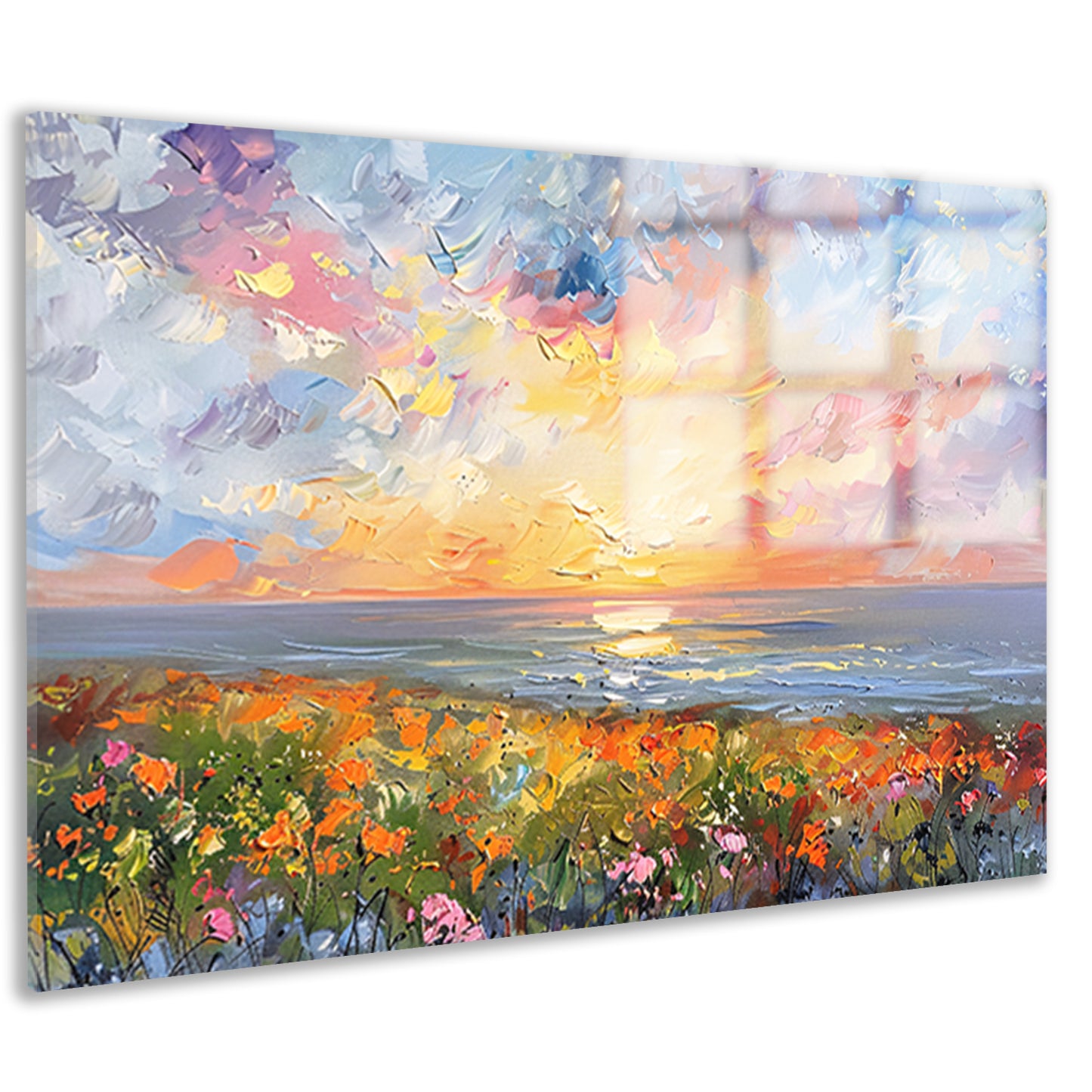 Abstracte zonsondergang met bloemen en oceaan acrylglas