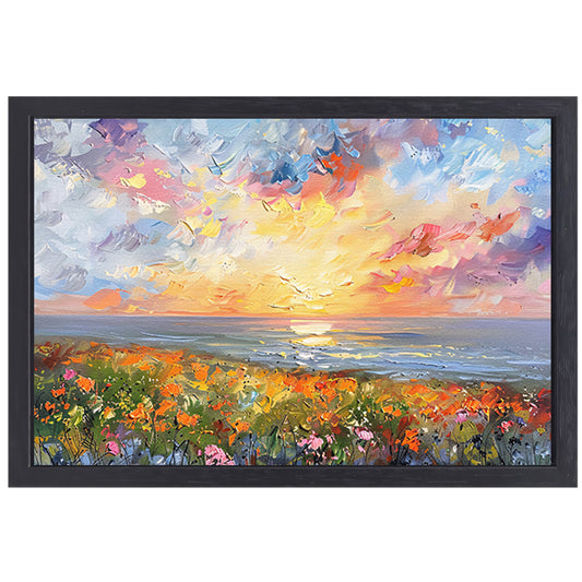 Abstracte zonsondergang met bloemen en oceaan canvas met baklijst