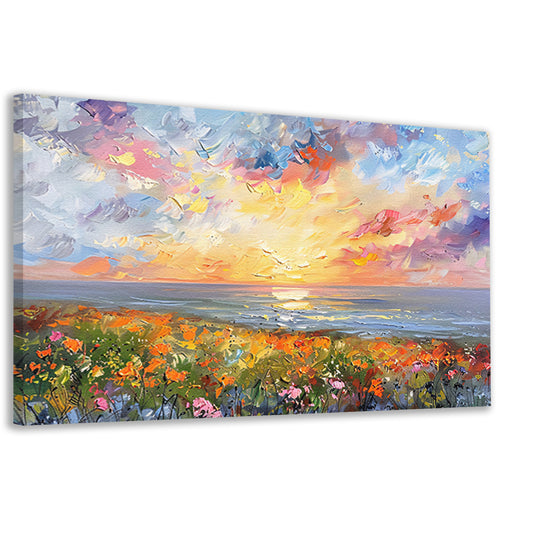 Abstracte zonsondergang met bloemen en oceaan canvas