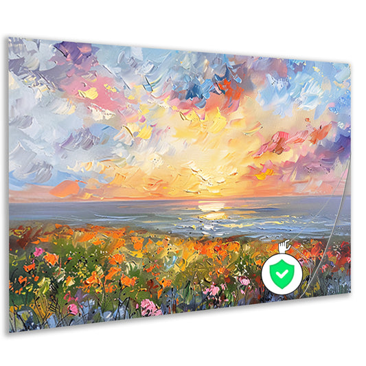 Abstracte zonsondergang met bloemen en oceaan poster