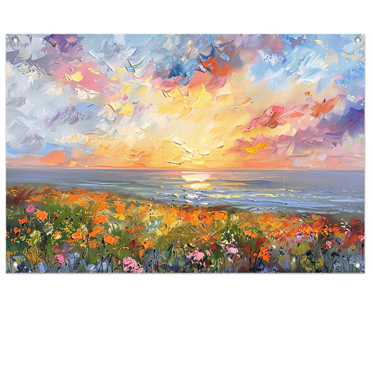 Abstracte zonsondergang met bloemen en oceaan tuinposter