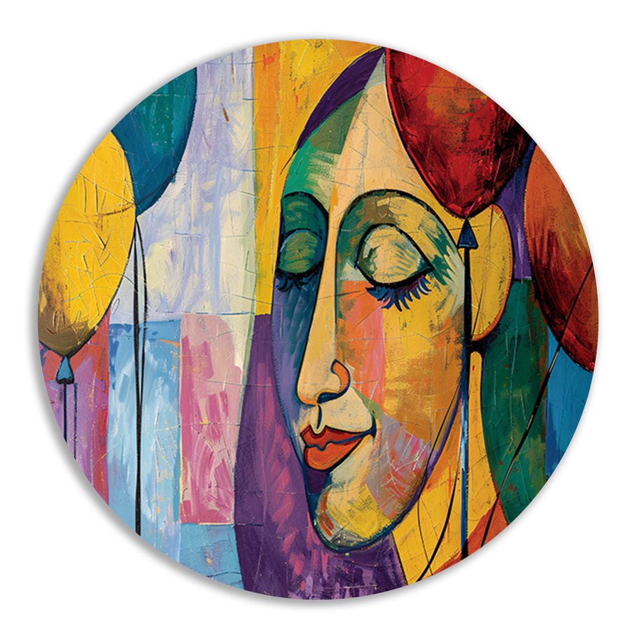 Abstract portret van vrouw met ballonnen aluminium muurcirkel