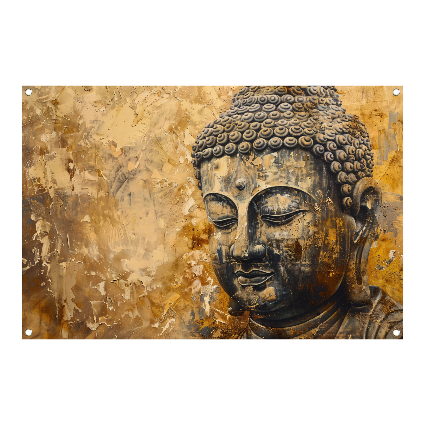 Boeddha afgebeeld in gouden en bruine tinten tuinposter
