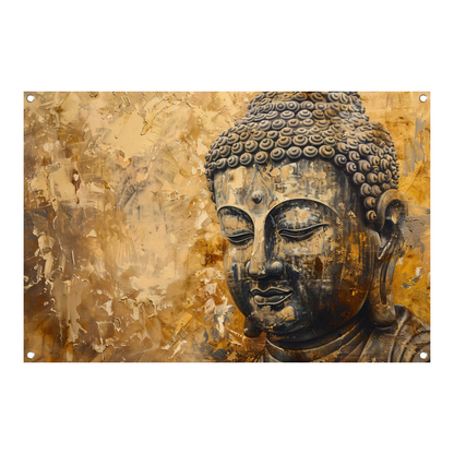 Boeddha afgebeeld in gouden en bruine tinten tuinposter