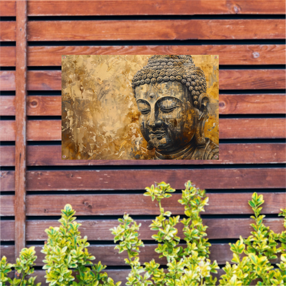 Boeddha afgebeeld in gouden en bruine tinten tuinposter