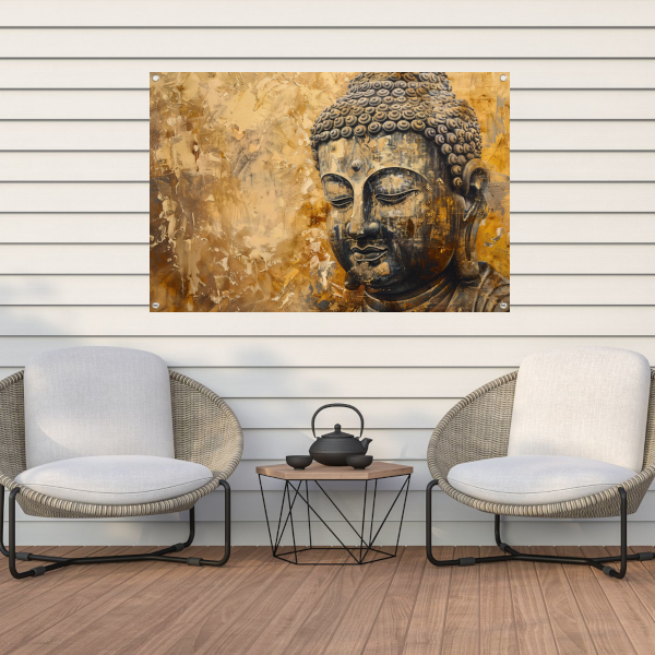 Boeddha afgebeeld in gouden en bruine tinten tuinposter