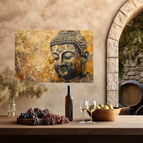 Boeddha afgebeeld in gouden en bruine tinten tuinposter
