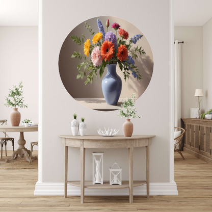 Levendig Boeket in Blauwe Vaas Stilleven aluminium muurcirkel