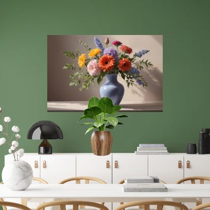 Levendig Boeket in Blauwe Vaas Stilleven canvas met baklijst