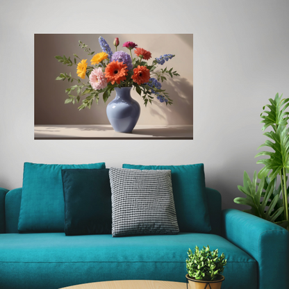 Levendig Boeket in Blauwe Vaas Stilleven poster