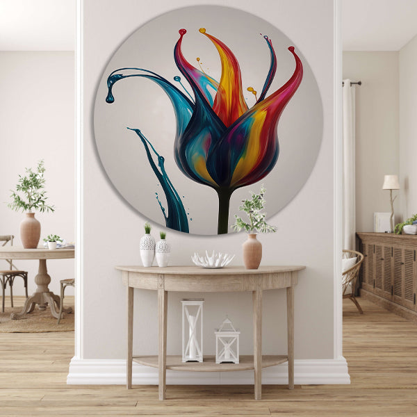 Dynamisch Abstract Bloemensilhouet in Kleur aluminium muurcirkel