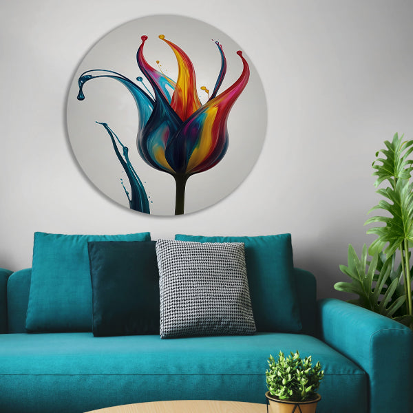 Dynamisch Abstract Bloemensilhouet in Kleur aluminium muurcirkel