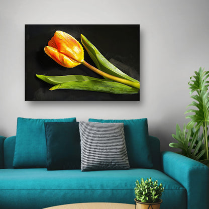 Gele tulp met waterdruppels op zwart canvas