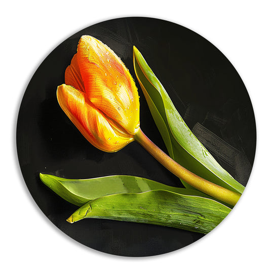 Gele tulp met waterdruppels op zwart aluminium muurcirkel