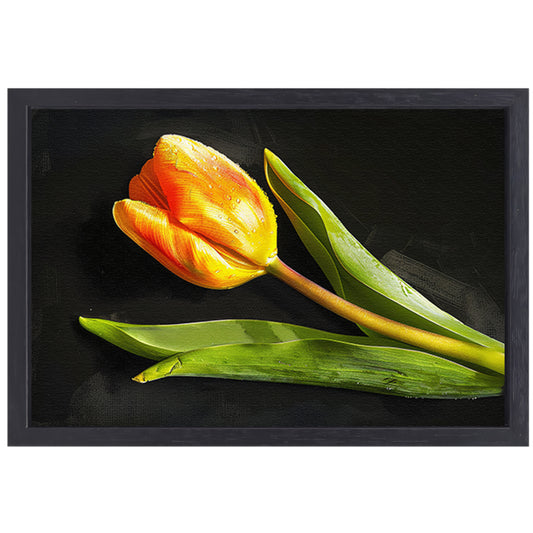 Gele tulp met waterdruppels op zwart canvas met baklijst