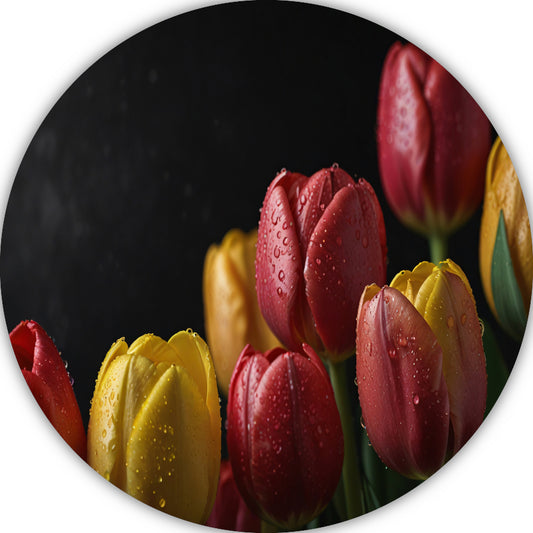 Levendige tulpen met ochtenddauw op zwarte achtergrond aluminium muurcirkel