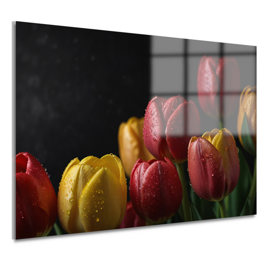 Levendige tulpen met ochtenddauw op zwarte achtergrond acrylglas
