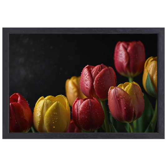 Levendige tulpen met ochtenddauw op zwarte achtergrond canvas met baklijst