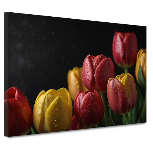 Levendige tulpen met ochtenddauw op zwarte achtergrond canvas