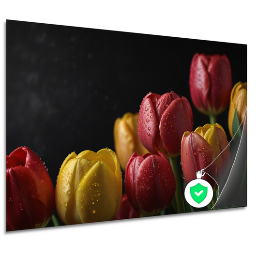 Levendige tulpen met ochtenddauw op zwarte achtergrond poster