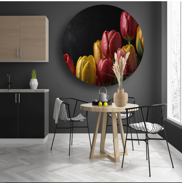 Levendige tulpen met ochtenddauw op zwarte achtergrond aluminium muurcirkel