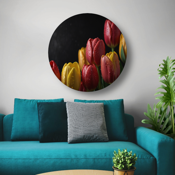 Levendige tulpen met ochtenddauw op zwarte achtergrond aluminium muurcirkel