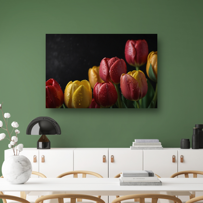 Levendige tulpen met ochtenddauw op zwarte achtergrond poster