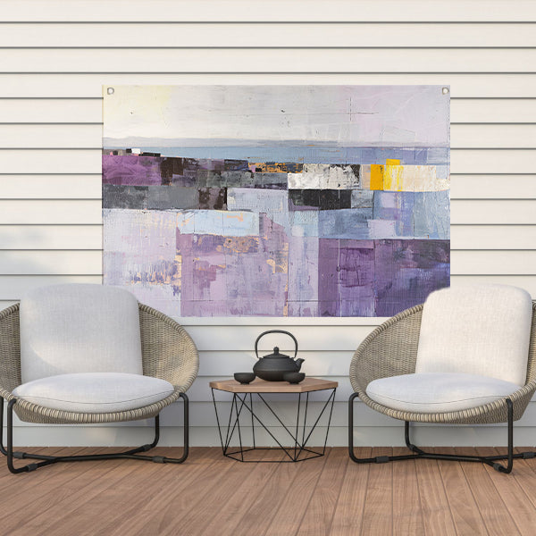 Moderne skyline met abstracte kleurrijke blokken tuinposter