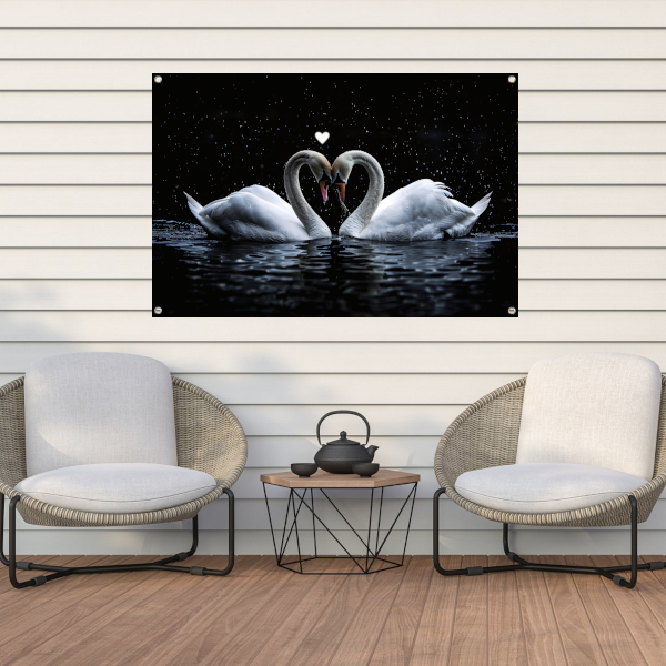 Twee zwanen vormen een hart in water tuinposter