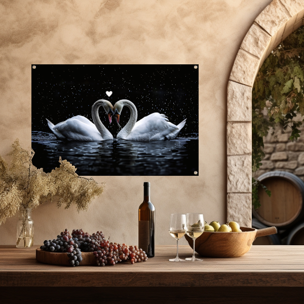 Twee zwanen vormen een hart in water tuinposter