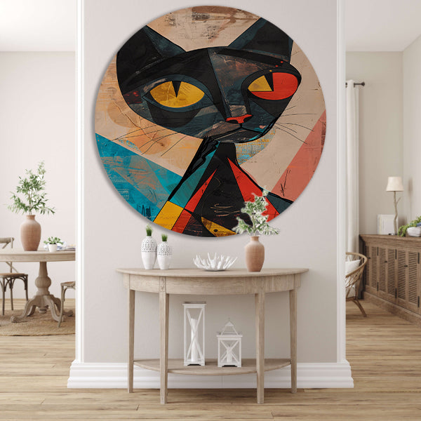 Kubistische Kat met Kleurrijk Geometrische Vormen aluminium muurcirkel