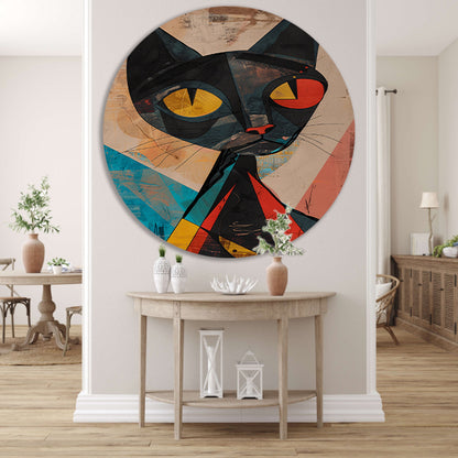 Kubistische Kat met Kleurrijk Geometrische Vormen aluminium muurcirkel