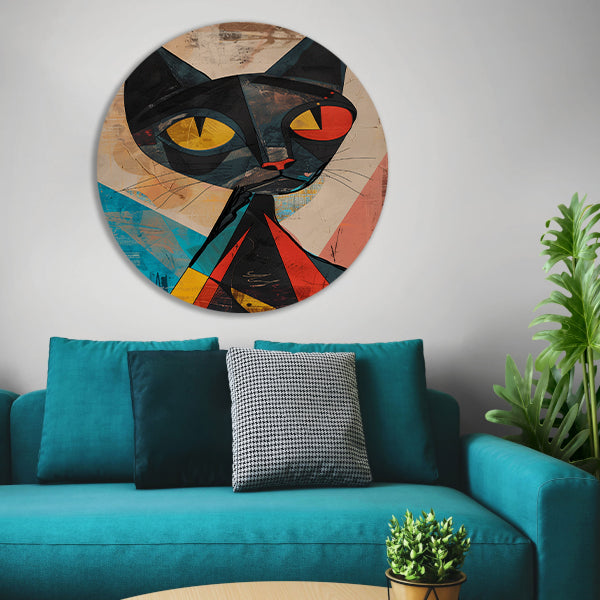 Kubistische Kat met Kleurrijk Geometrische Vormen aluminium muurcirkel