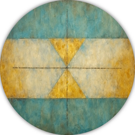 Geometrische compositie in geel, blauw en wit aluminium muurcirkel