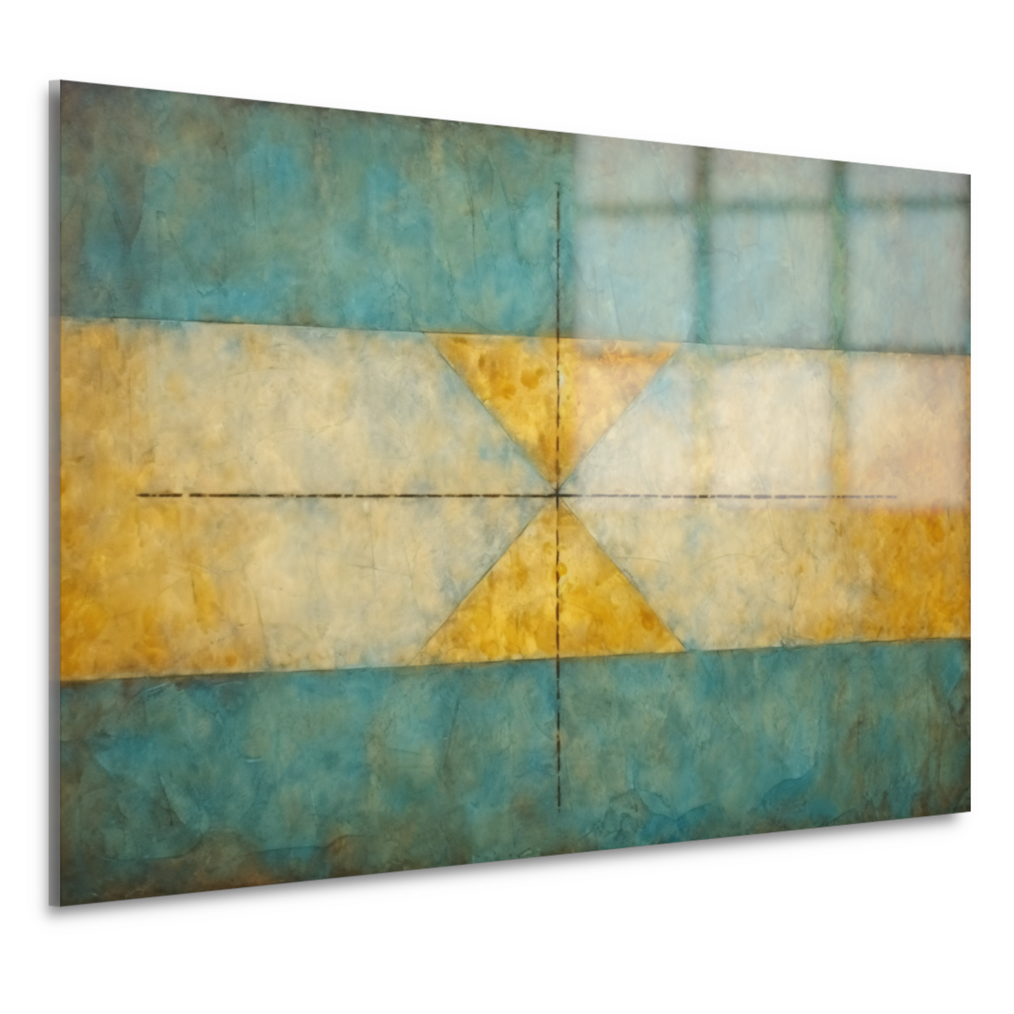 Geometrische compositie in geel, blauw en wit acrylglas