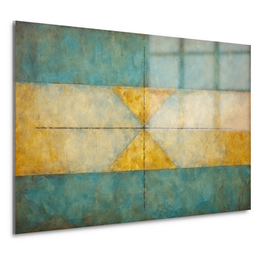 Geometrische compositie in geel, blauw en wit acrylglas