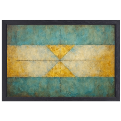 Geometrische compositie in geel, blauw en wit canvas met baklijst