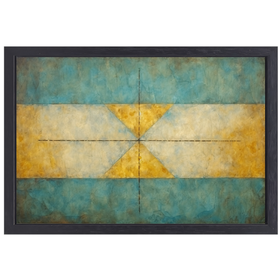 Geometrische compositie in geel, blauw en wit canvas met baklijst