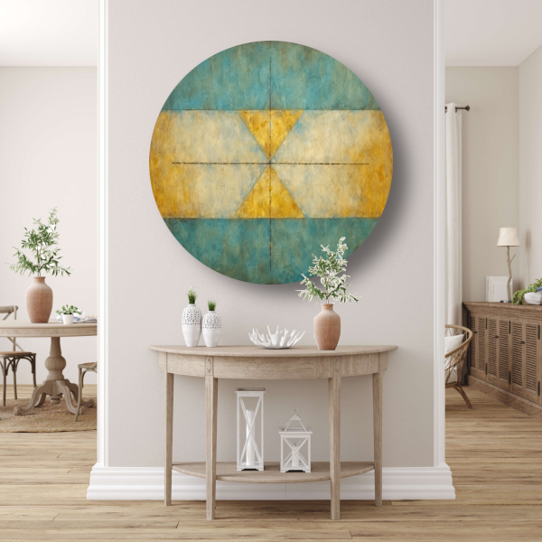 Geometrische compositie in geel, blauw en wit aluminium muurcirkel