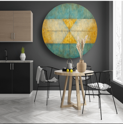 Geometrische compositie in geel, blauw en wit aluminium muurcirkel
