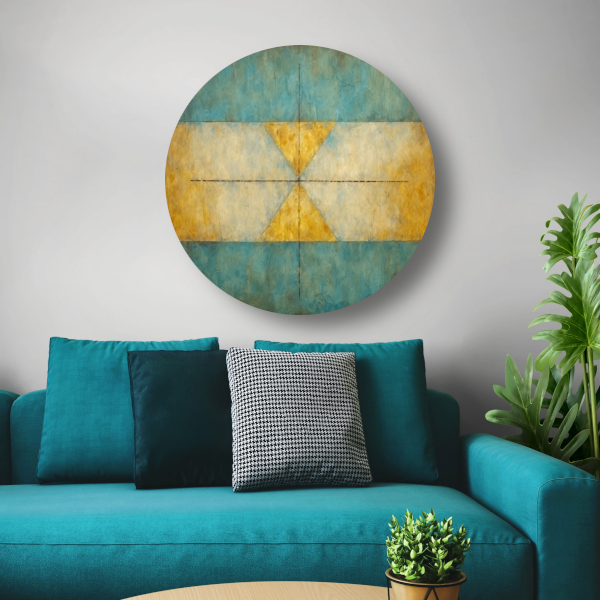 Geometrische compositie in geel, blauw en wit aluminium muurcirkel