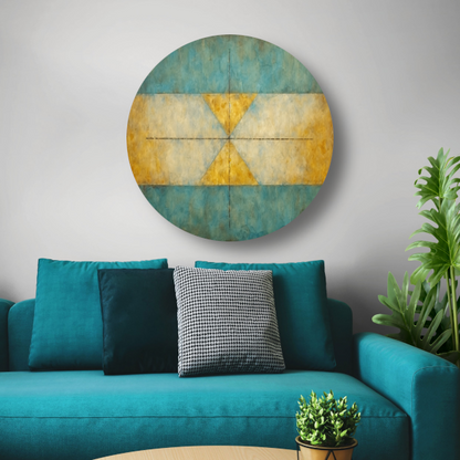 Geometrische compositie in geel, blauw en wit aluminium muurcirkel