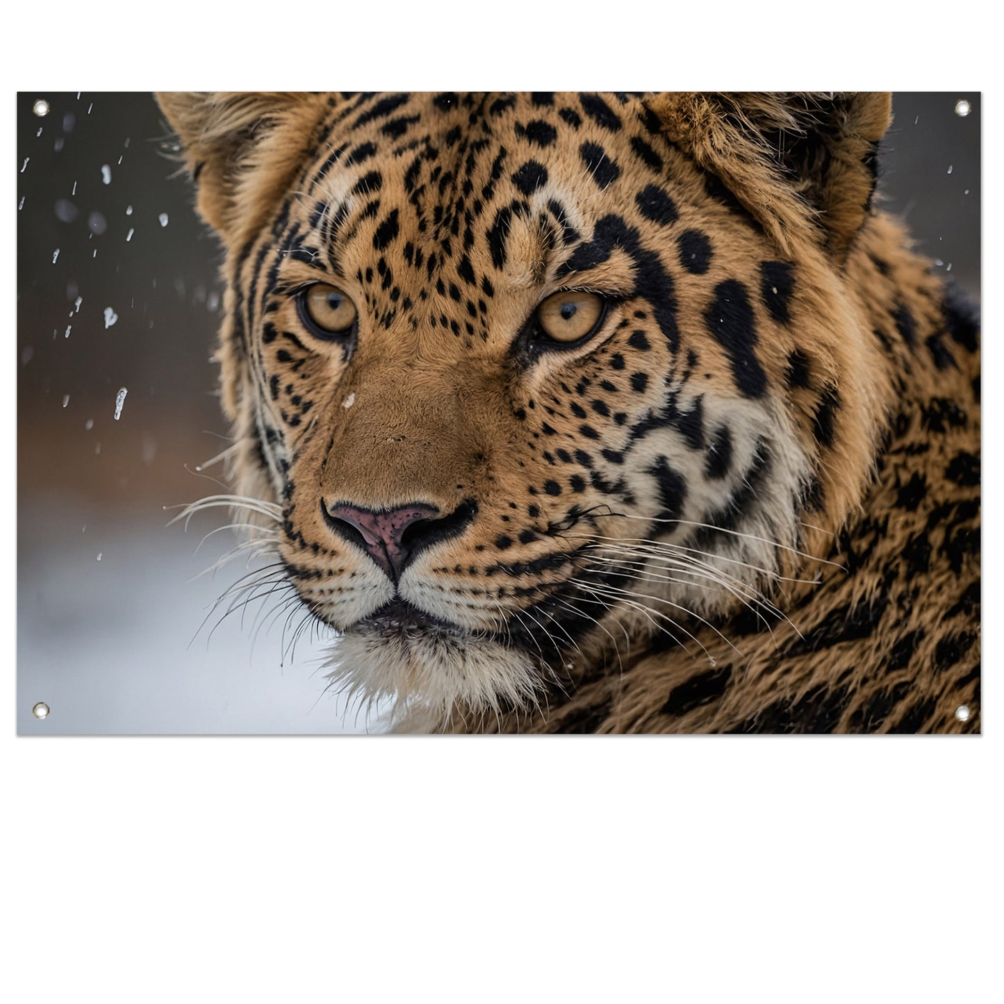 Realistische close-up van een luipaard in sneeuw tuinposter