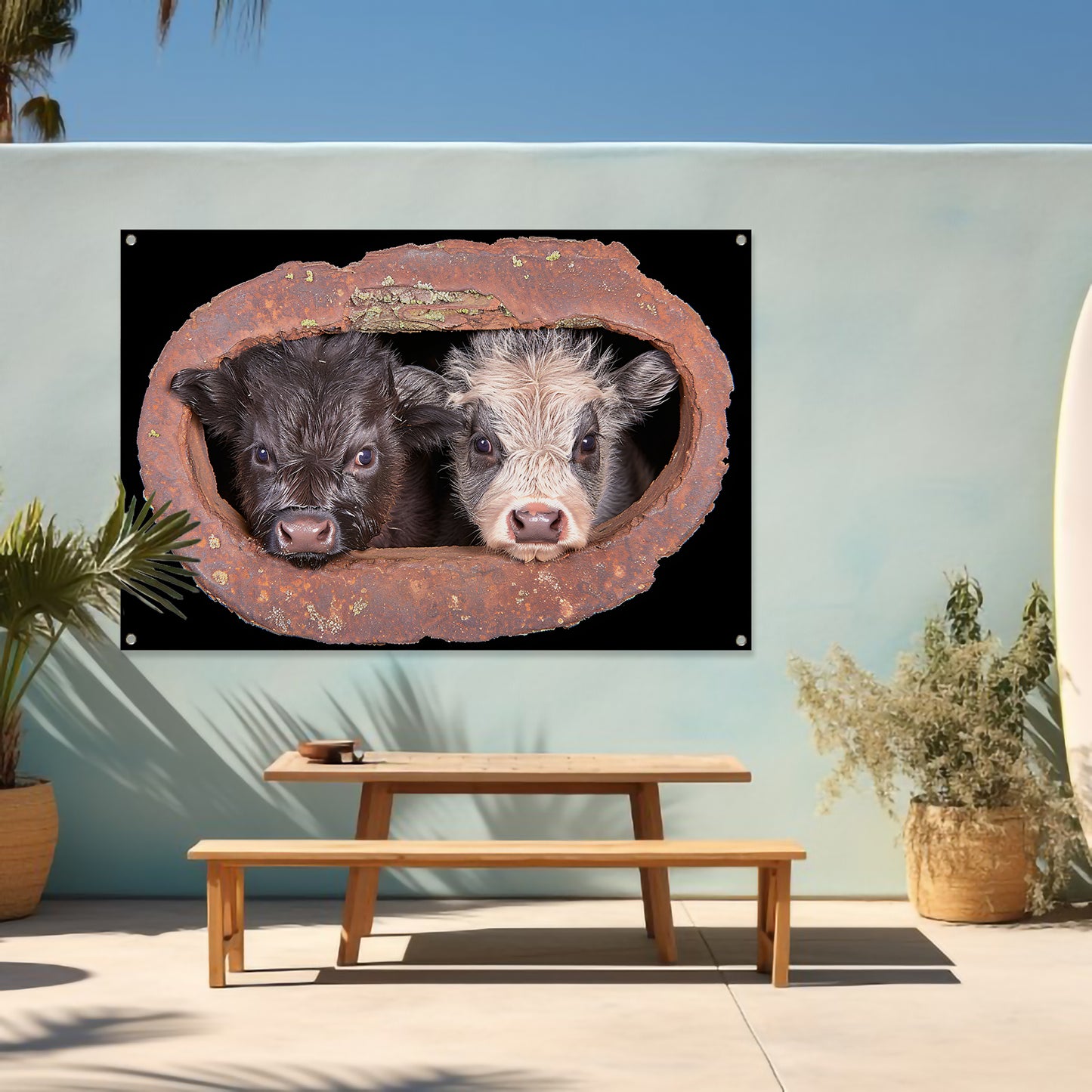 Twee kalfjes in een roestig raam tuinposter