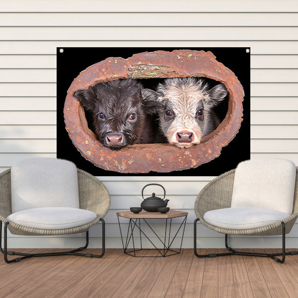 Twee kalfjes in een roestig raam tuinposter