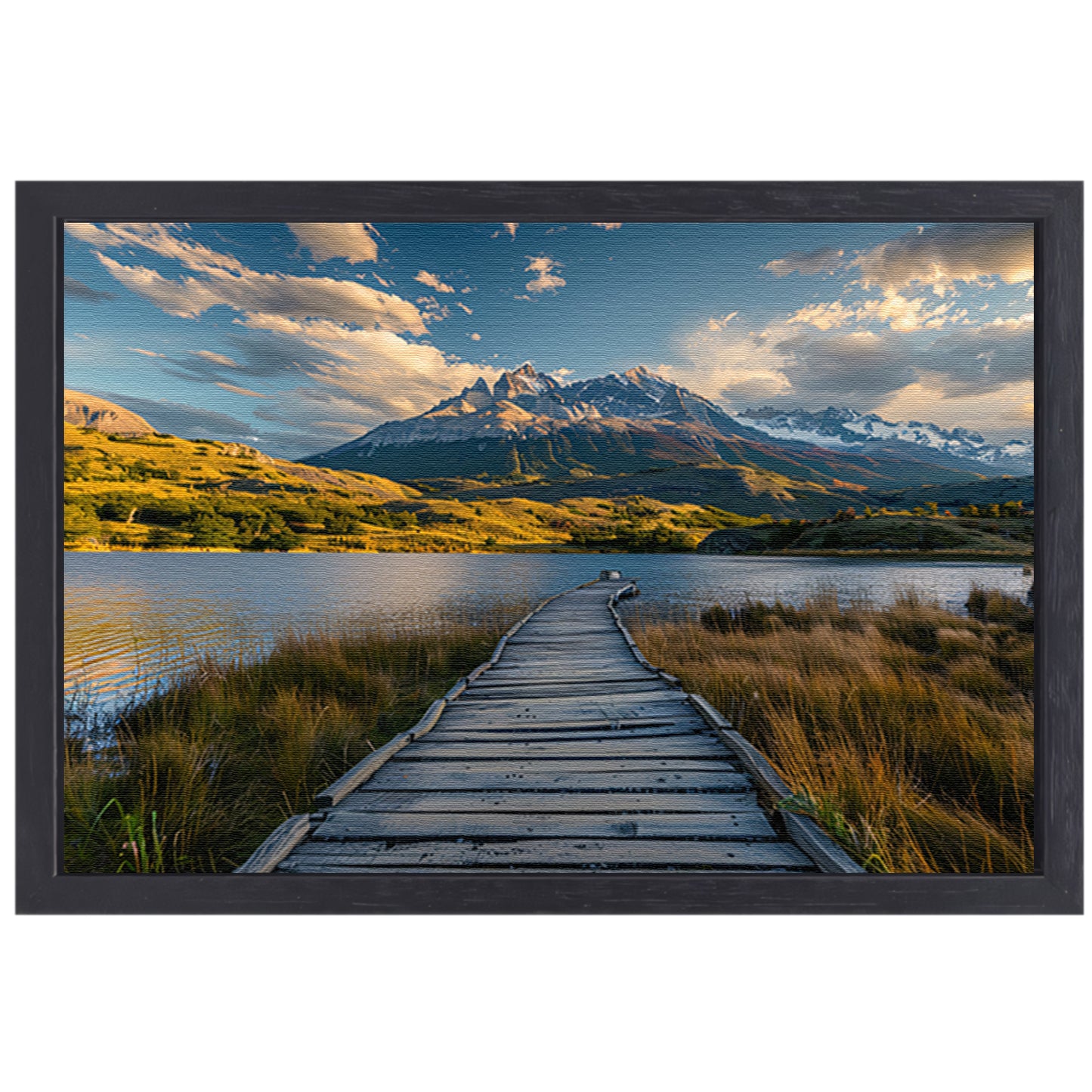 Houten pad naar bergen in schitterend landschap canvas met baklijst