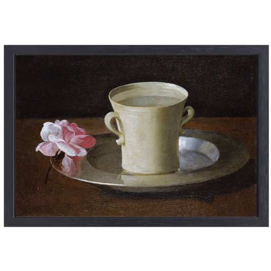 Kopje water en een roos op een zilveren bord - Francisco de Zurbarán canvas met baklijst