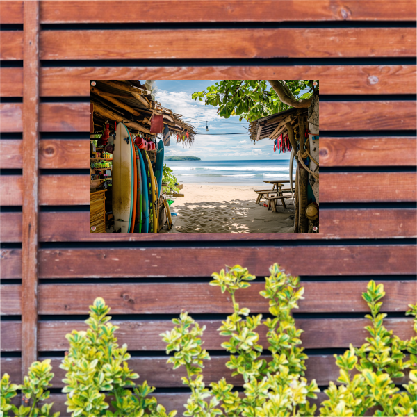 Tropisch Strand met Surfshop en Golven tuinposter